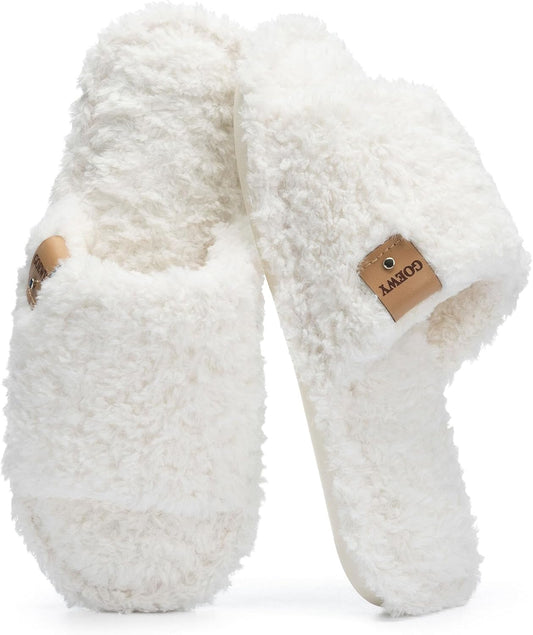 GOEWY Fuzzy Open Toe Slippers for Women Indoor with Comfy Memory Foam