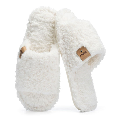 GOEWY Fuzzy Open Toe Slippers for Women Indoor with Comfy Memory Foam