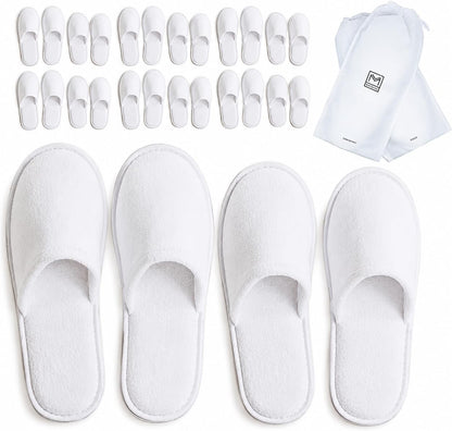 Modlux Spa Slippers, 12 Pairs Cotton Velvet Closed Toe Disposable Slippers for Guests with Travel Bags, Bathroom, Bedroom, Hotel, House, Bride, Travel and Shoeless Home (6 Large 6 Medium) White