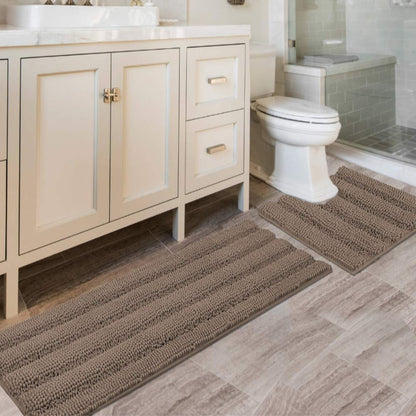 H.VERSAILTEX Sage Bathroom Rugs, Bath Mat Set of 2 Extra Thick Chenille Striped Pattern Shaggy Bath Rugs for Bath Room, Non Skid Bath Mats for Bathroom Floor (32 x 20 Plus 24 x 17 - Inches)