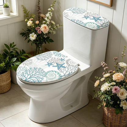 2Pcs Ocean Theme Toilet Lid Cover and Tank Cover Set Coastal Stretch Cover Set Pumpkin Toilet Seat Covers Fabric Sets Machine Wash Fits Round Elongated Oblong for Bathroom Replacement