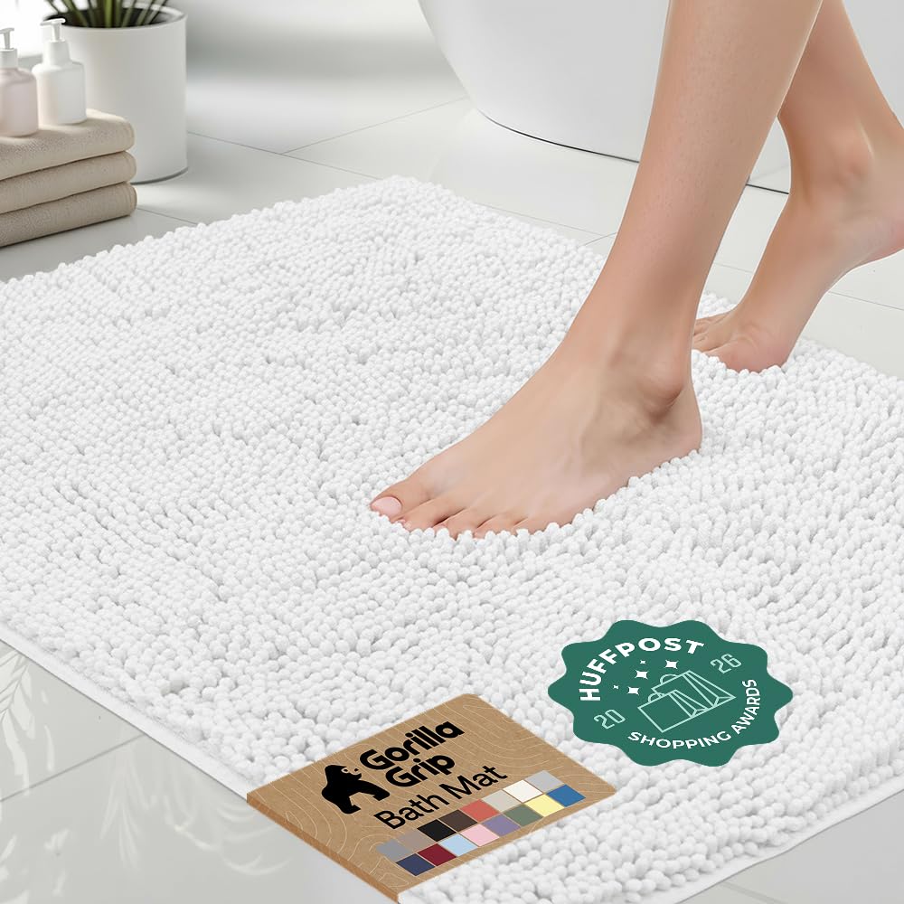 GORILLA GRIP Bath Rug Mat for Bathroom, Absorbent Chenille, 24x17 White