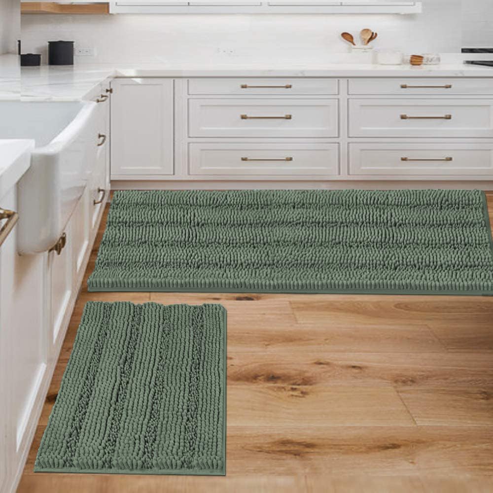 H.VERSAILTEX Bath Rugs for Bathroom Non Slip Bath Mats Extra Thick Chenille Striped Rug 20" x 32" Absorbent Non Skid Fluffy Soft Shaggy Washable Dry Fast Plush Mat for Indoor, Bath Room, Tub - Sage