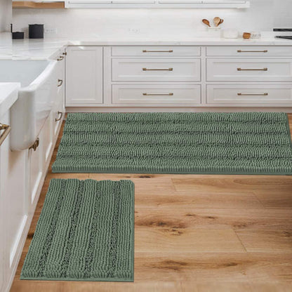 H.VERSAILTEX Sage Bathroom Rugs, Bath Mat Set of 2 Extra Thick Chenille Striped Pattern Shaggy Bath Rugs for Bath Room, Non Skid Bath Mats for Bathroom Floor (32 x 20 Plus 24 x 17 - Inches)