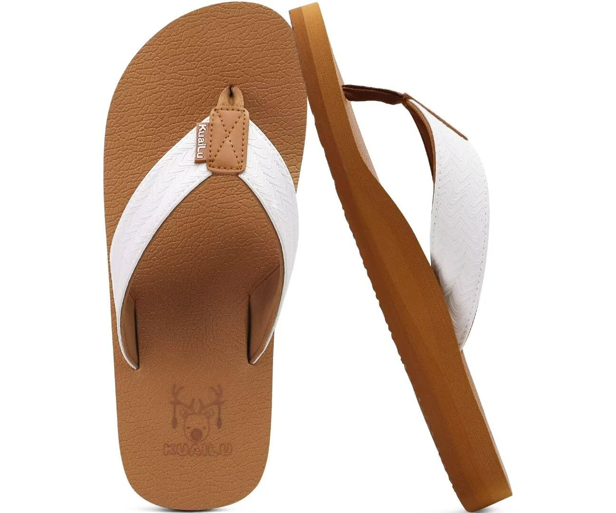 KuaiLu Mens Faux Leather Flip Flops with Comfortable Arch Support