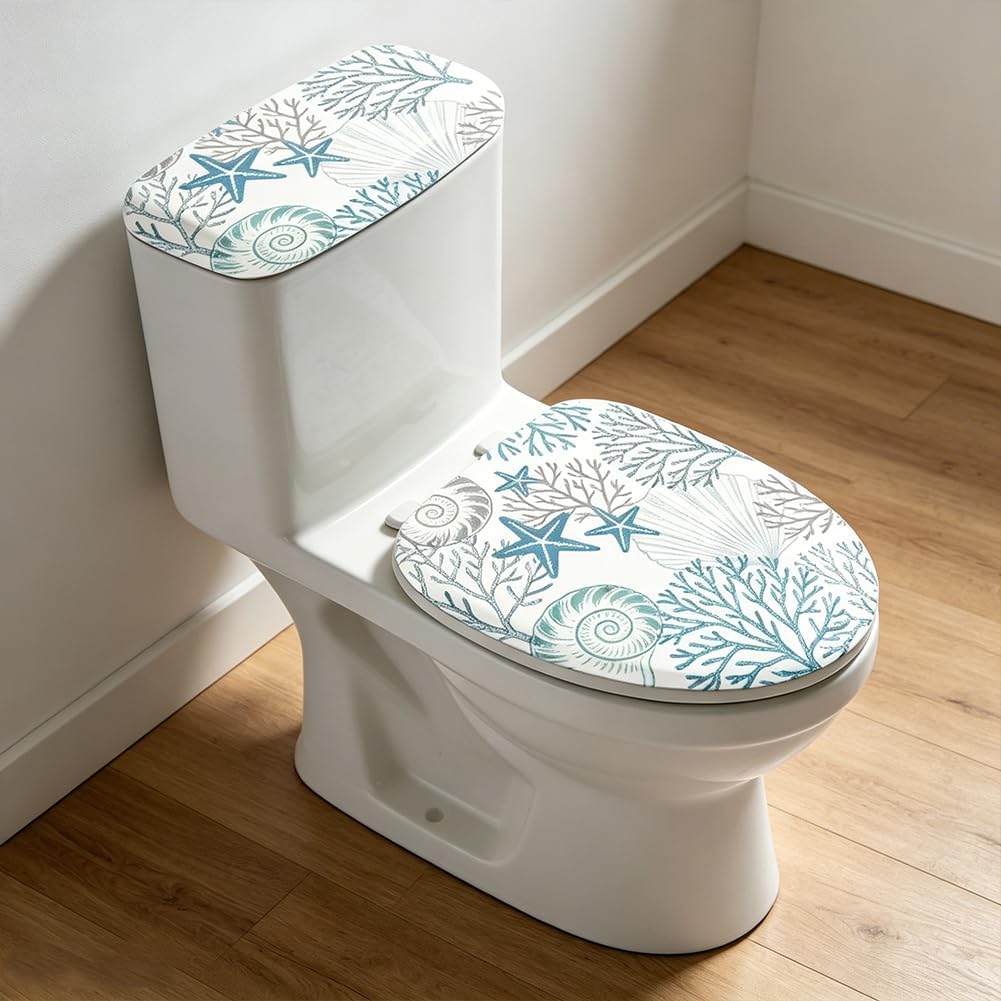 2Pcs Ocean Theme Toilet Lid Cover and Tank Cover Set Coastal Stretch Cover Set Pumpkin Toilet Seat Covers Fabric Sets Machine Wash Fits Round Elongated Oblong for Bathroom Replacement
