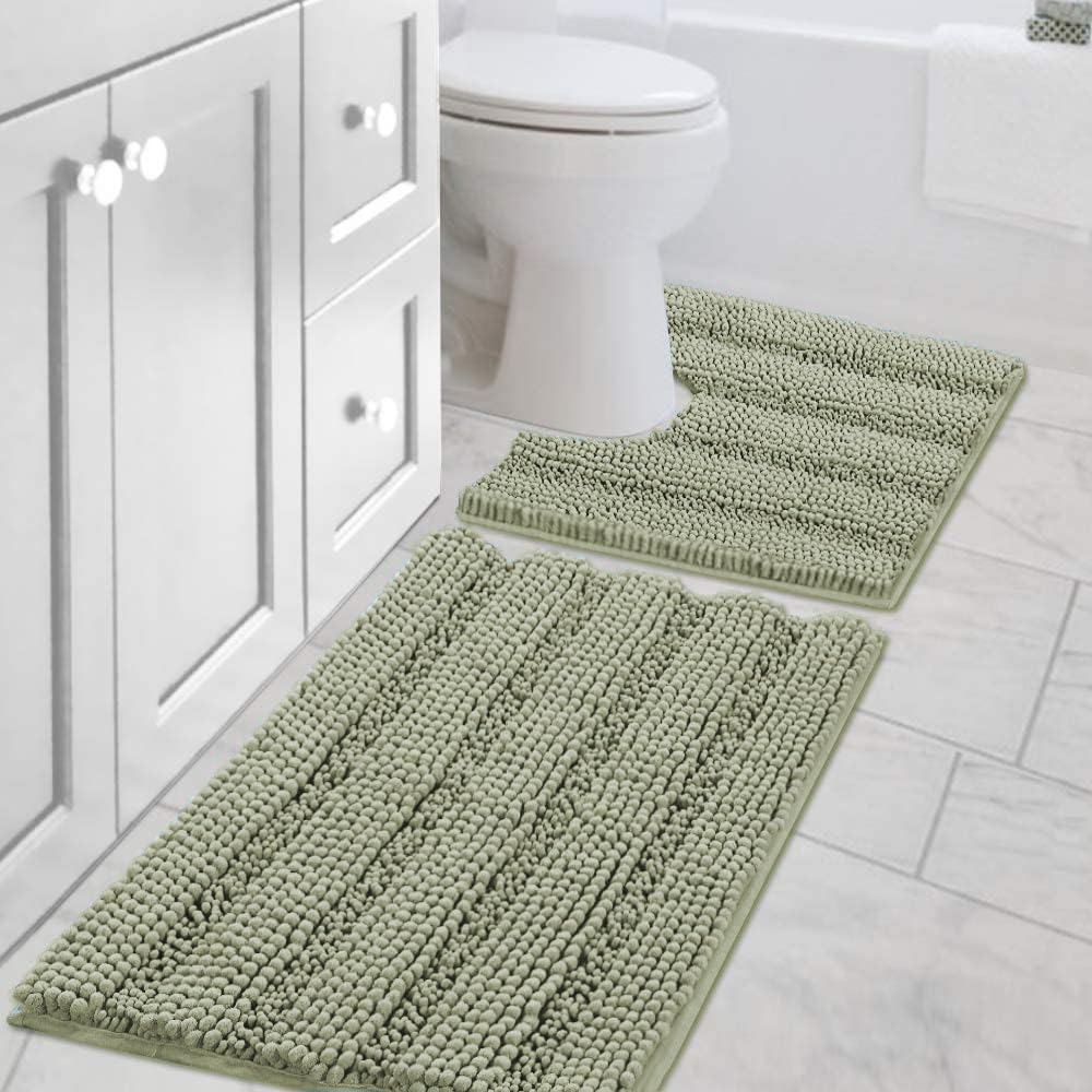H.VERSAILTEX Bath Rugs for Bathroom Non Slip Bath Mats Extra Thick Chenille Striped Rug 20" x 32" Absorbent Non Skid Fluffy Soft Shaggy Washable Dry Fast Plush Mat for Indoor, Bath Room, Tub - Sage