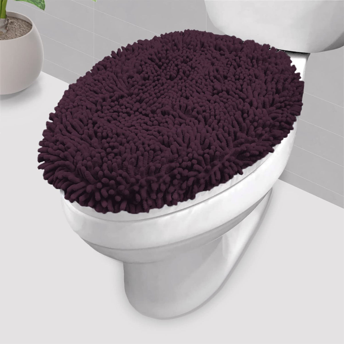 LuxUrux Toilet Lid Cover with Stretch Fit Elastic Band – Chenille Microfiber Toilet Seat Non-Slip Cover for Bathroom – Soft Plush, Machine Wash And Dry, Comfort & Clean Look (18 x 18'', Birch)