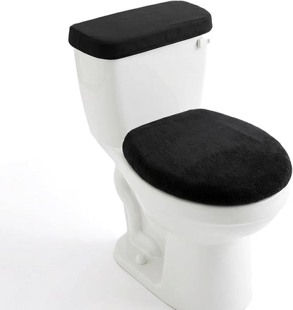 Toilet Lid Cover and Toilet Tank Lid Cover, Soft Velvet Toilets Covers with Elastic Bottom Bathroom Toilets Lids Seat Covers Set Replacement Machine Wash Replacement Fits Most Lids (Black)