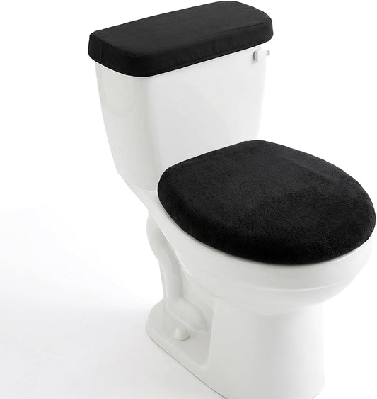 Toilet Lid Cover and Toilet Tank Lid Cover, Soft Velvet Toilets Covers with Elastic Bottom Bathroom Toilets Lids Seat Covers Set Replacement Machine Wash Replacement Fits Most Lids (Black)