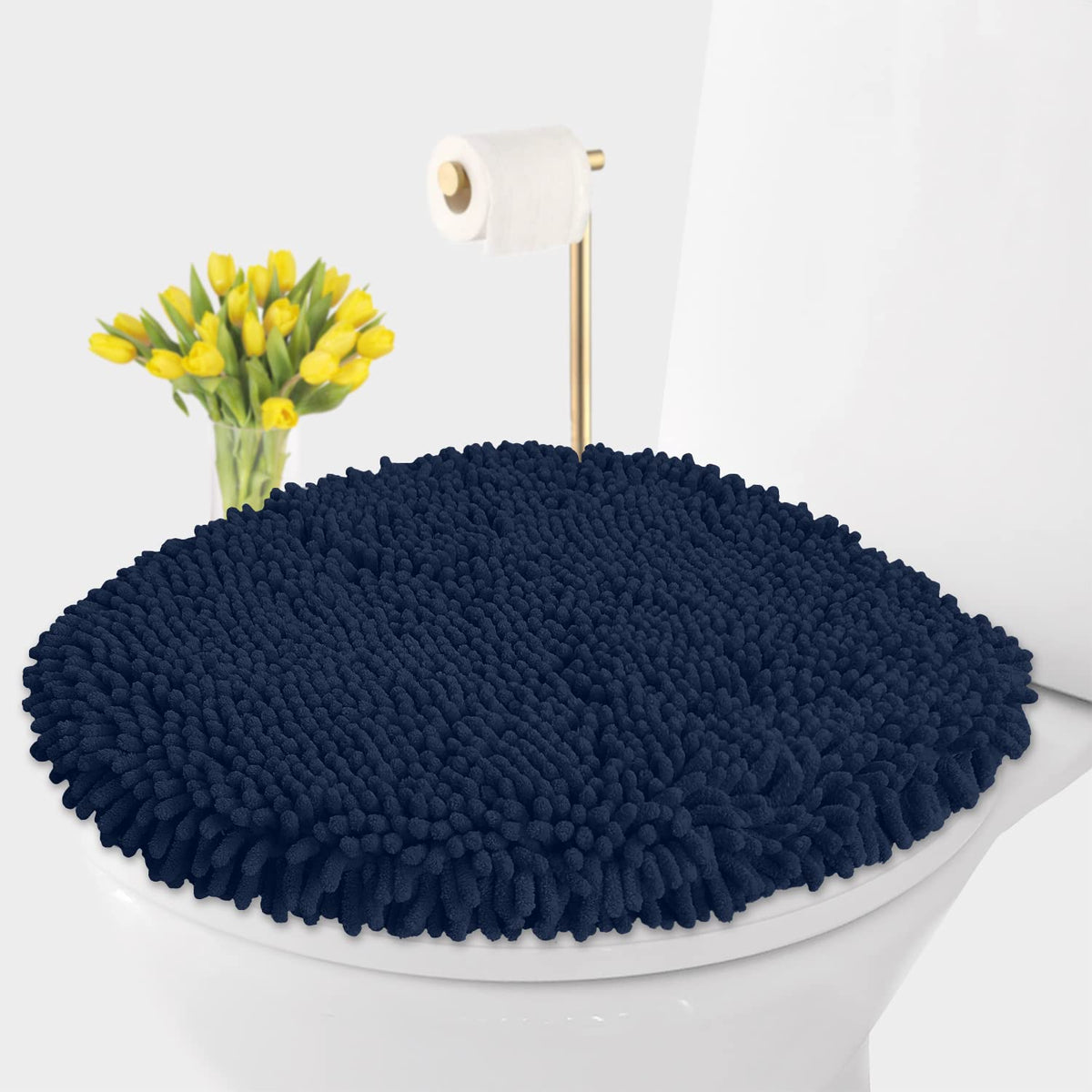 LuxUrux Toilet Lid Cover with Stretch Fit Elastic Band – Chenille Microfiber Toilet Seat Non-Slip Cover for Bathroom – Soft Plush, Machine Wash And Dry, Comfort & Clean Look (18 x 18'', Birch)