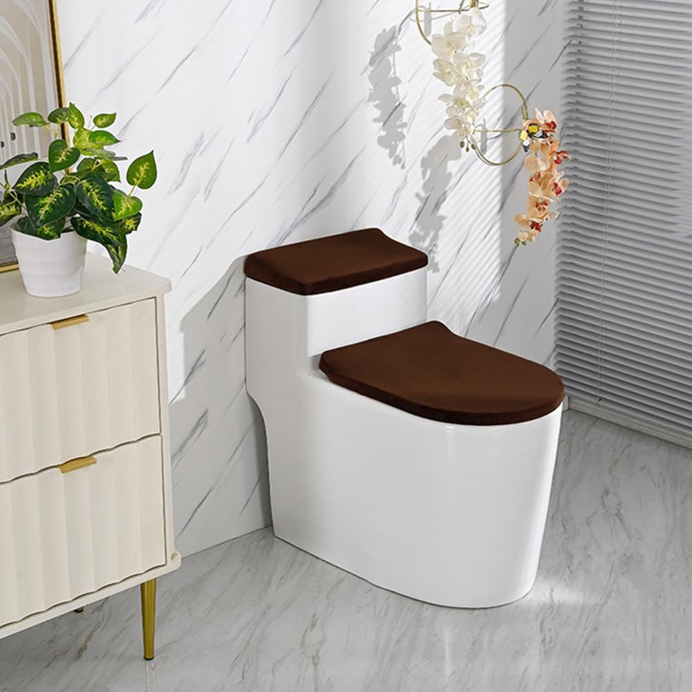 GORGECRAFT 2Pcs Toilet Lid Covers Stretch Velvet Toilet Lid Seat Cover Set with Elastic Bottom Soft Bathroom Fabric Wear Resistant Tank Covers Replacement Brown Universal Machine Washable