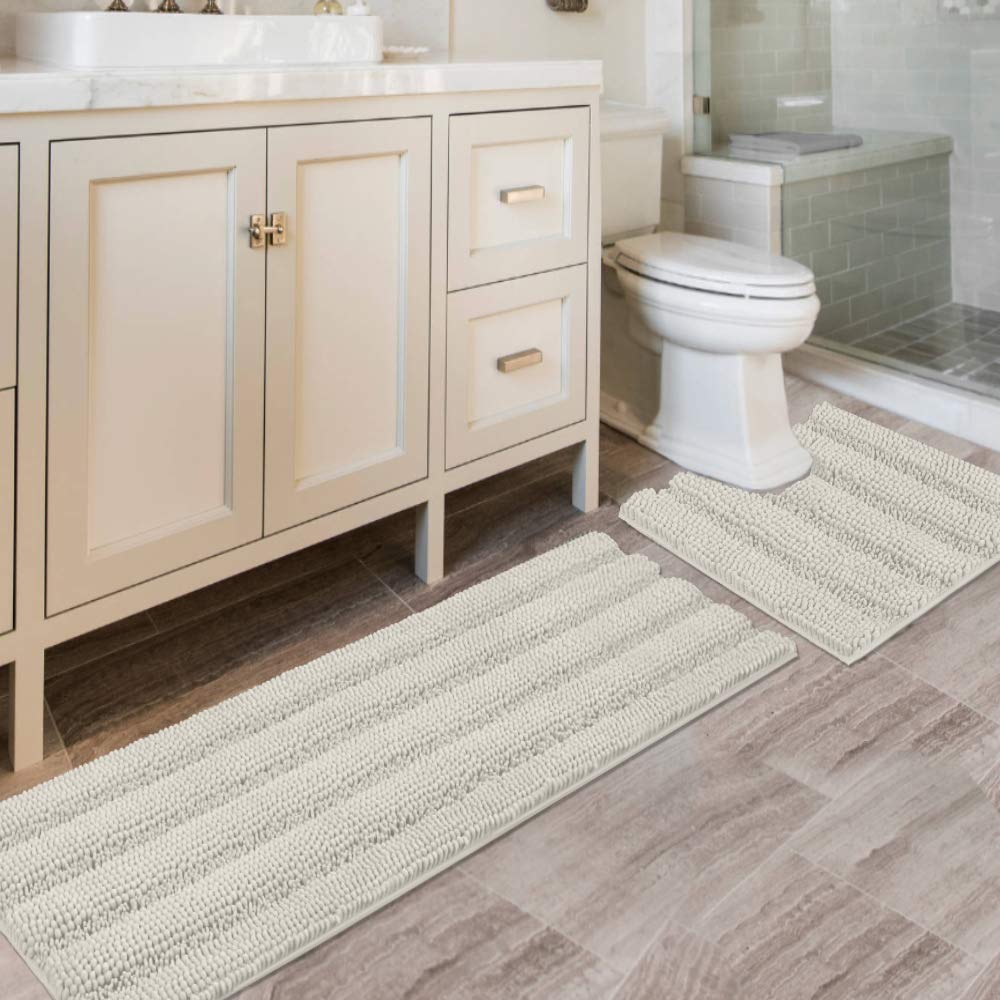 H.VERSAILTEX Bath Rugs for Bathroom Non Slip Bath Mats Extra Thick Chenille Striped Rug 20" x 32" Absorbent Non Skid Fluffy Soft Shaggy Washable Dry Fast Plush Mat for Indoor, Bath Room, Tub - Sage