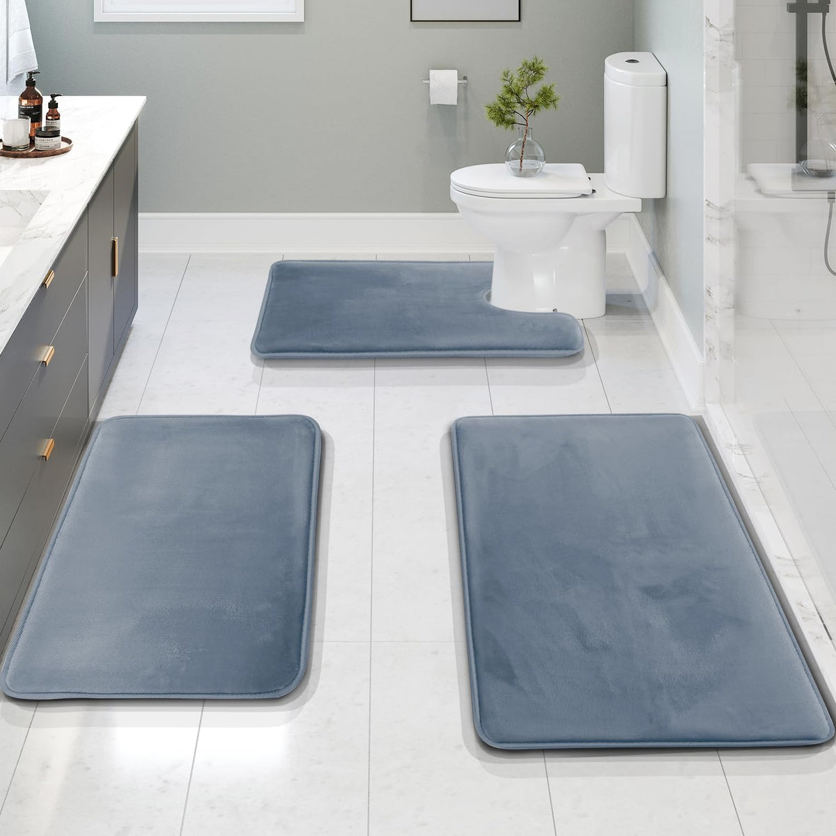 Clara Clark 3 Piece Bathroom Rugs Bath Mat Set, Velvet Memory Foam Bath Mats for Bathroom - Non-Slip, PVC Backing Bath Rugs, Washable - Dries Quickly, Grey