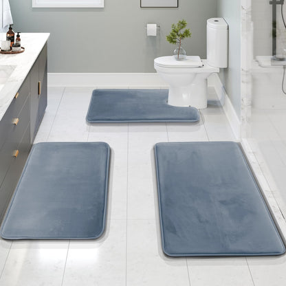 Clara Clark 3 Piece Bathroom Rugs Bath Mat Set, Velvet Memory Foam Bath Mats for Bathroom - Non-Slip, PVC Backing Bath Rugs, Washable - Dries Quickly, Grey