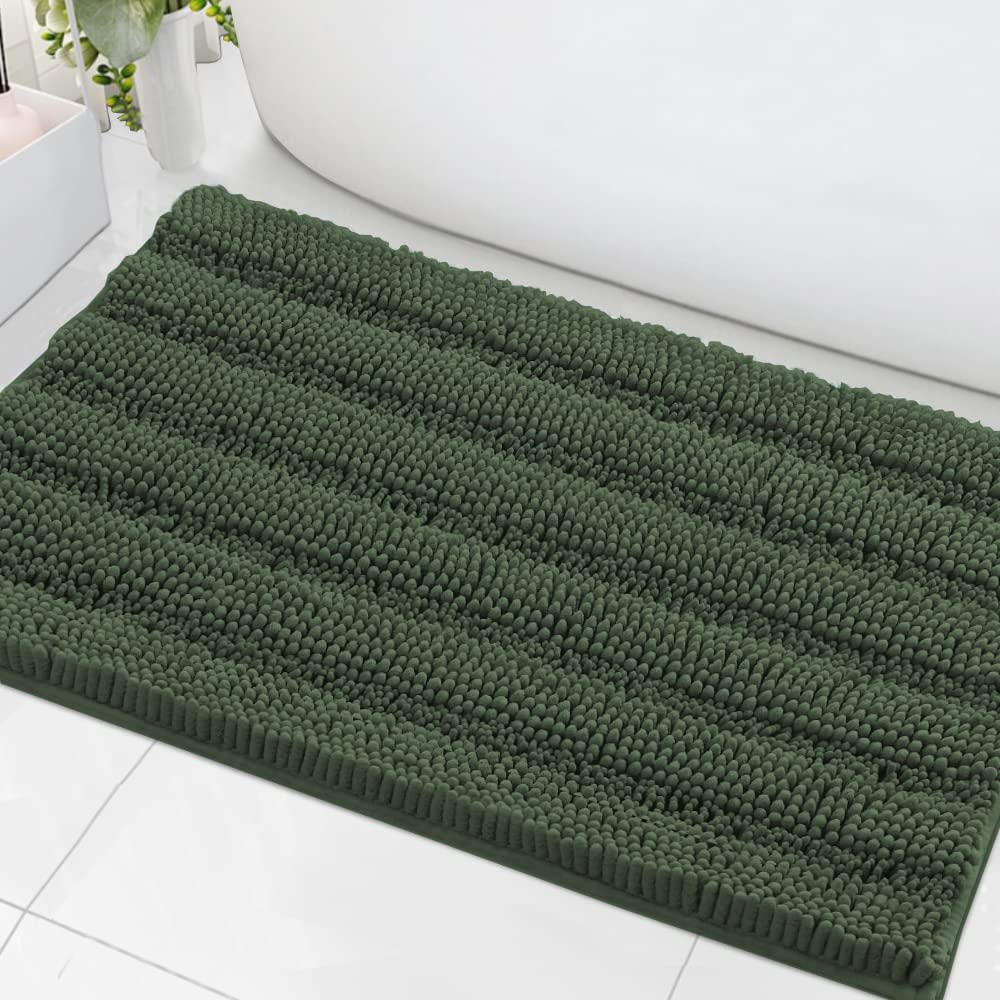 H.VERSAILTEX Bath Rugs for Bathroom Non Slip Bath Mats Extra Thick Chenille Striped Rug 20" x 32" Absorbent Non Skid Fluffy Soft Shaggy Washable Dry Fast Plush Mat for Indoor, Bath Room, Tub - Sage