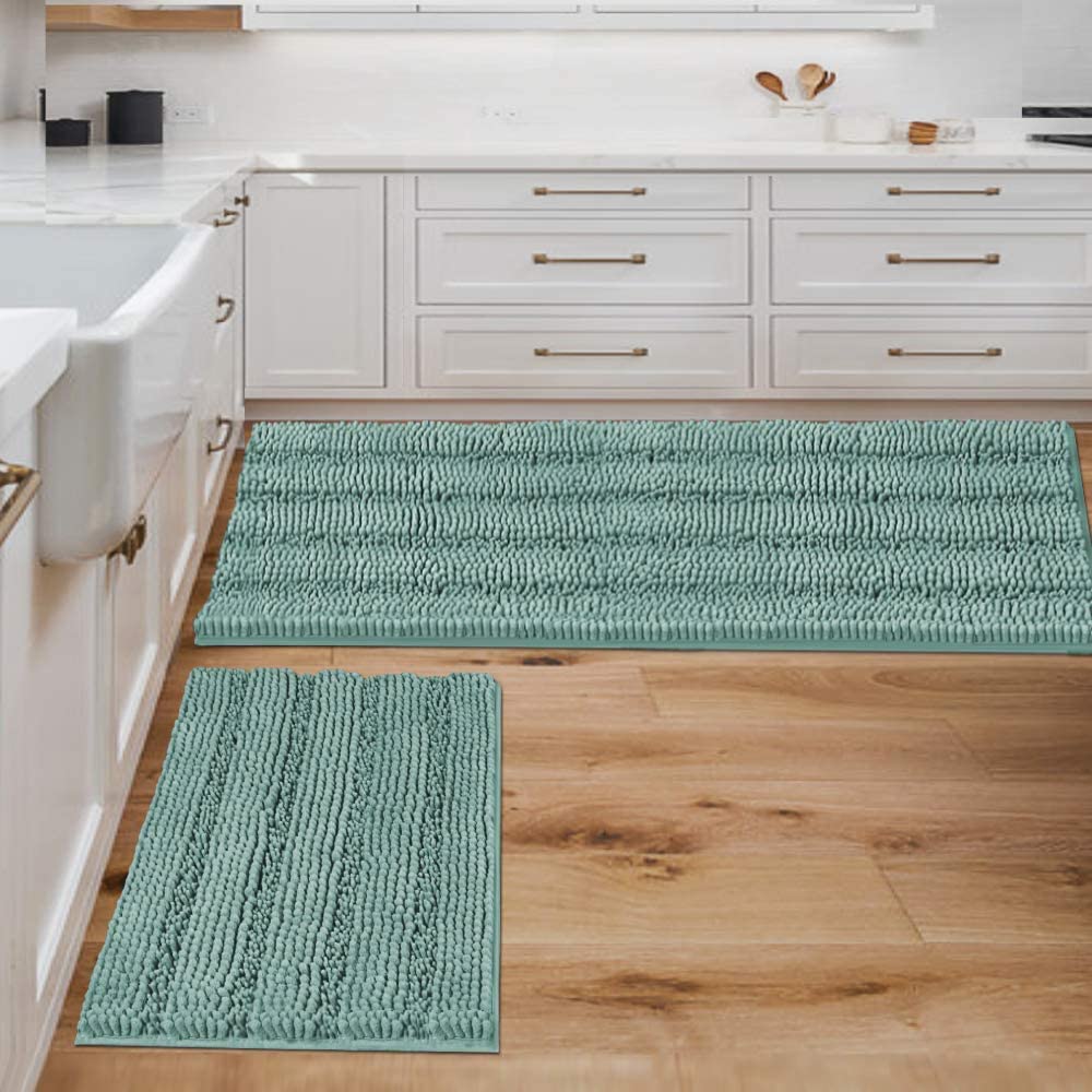 H.VERSAILTEX Bath Rugs for Bathroom Non Slip Bath Mats Extra Thick Chenille Striped Rug 20" x 32" Absorbent Non Skid Fluffy Soft Shaggy Washable Dry Fast Plush Mat for Indoor, Bath Room, Tub - Sage