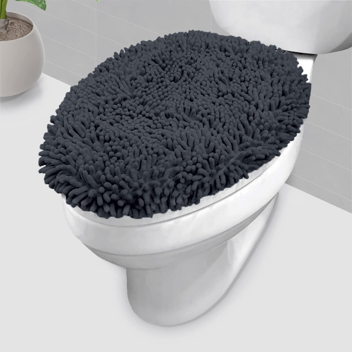 LuxUrux Toilet Lid Cover with Stretch Fit Elastic Band – Chenille Microfiber Toilet Seat Non-Slip Cover for Bathroom – Soft Plush, Machine Wash And Dry, Comfort & Clean Look (18 x 21'', Medium Blue)