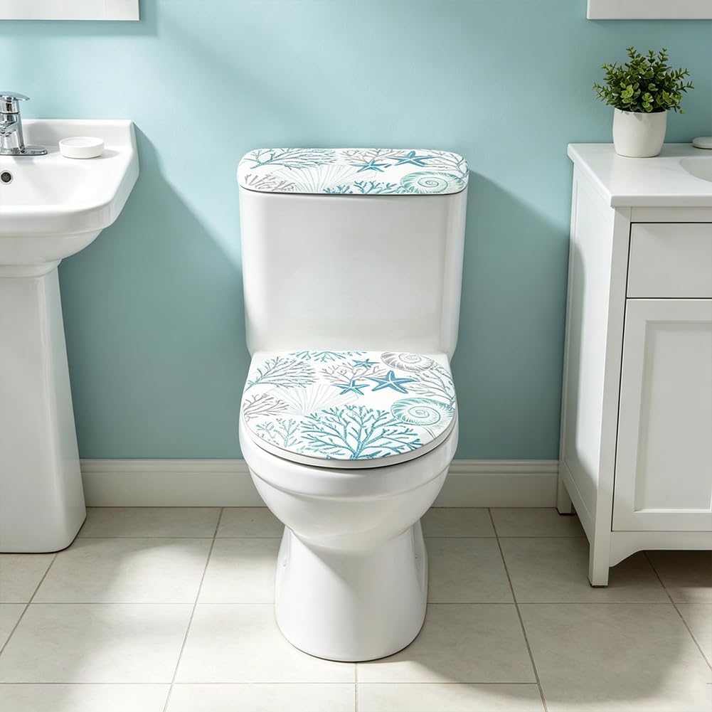 2Pcs Ocean Theme Toilet Lid Cover and Tank Cover Set Coastal Stretch Cover Set Pumpkin Toilet Seat Covers Fabric Sets Machine Wash Fits Round Elongated Oblong for Bathroom Replacement