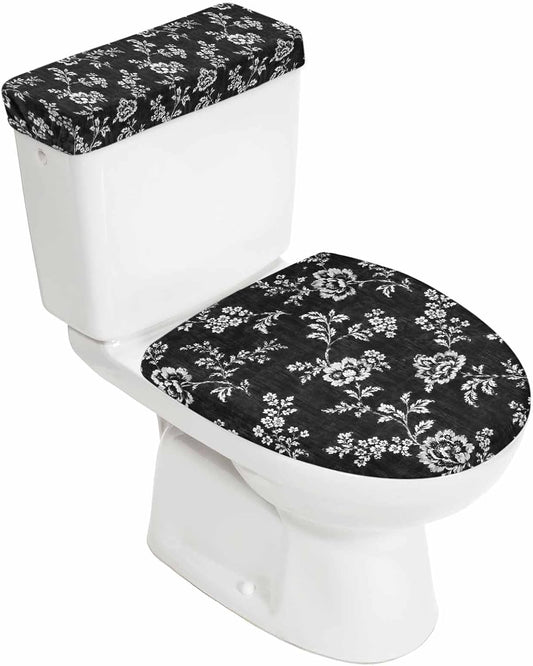 Vintage Rustic Floral Toilet Lid Cover and Tank Lid Cover, Spring Floral Botanical Black 2 Pcs Soft Toilet Seat Covers Set with Elastic Bottom, Washable Bathroom Set Decorations