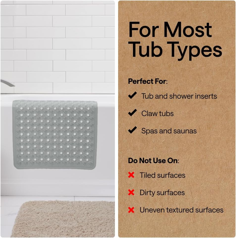 GORILLA GRIP Bath Tub Shower Mat, Bathtub Floor Liner, 35x16 Gray Opaque