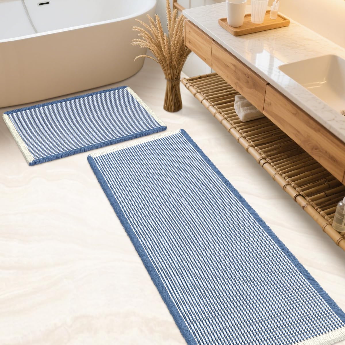 IM HOME Waffle Bath Mat Set 2 Piece Olive Green,Woven Modern Bath Rug Mats, Absorbent Non Slip Bath Floor Mat, Soft Washable Boho Bath Rugs with Tassels for Bathroom, Bedroom, Kitchen,Tub
