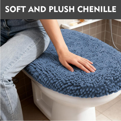 RUN HELIX Bathroom Toilet Lid Cover,Chenille Machine Washable Seat Covers, 17.5x15, Stays in Place Rubber Backing, Fits Most Round, Elongated and Oblong Lids, Accessories Decor, Blue