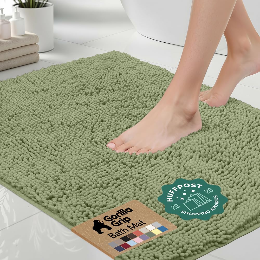GORILLA GRIP Bath Rug Mat for Bathroom, Absorbent Chenille 24x17 Sage Green