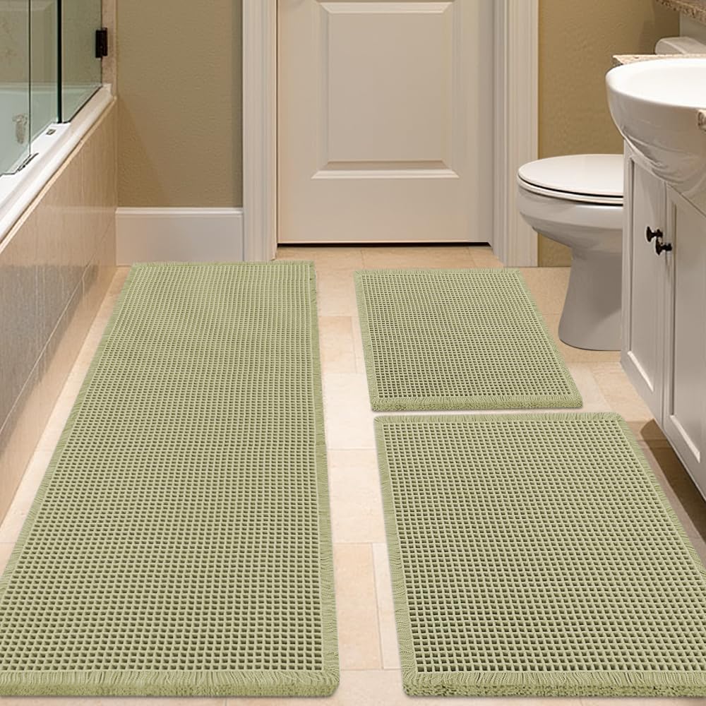 IM HOME Waffle Bath Mat Set 2 Piece Olive Green,Woven Modern Bath Rug Mats, Absorbent Non Slip Bath Floor Mat, Soft Washable Boho Bath Rugs with Tassels for Bathroom, Bedroom, Kitchen,Tub