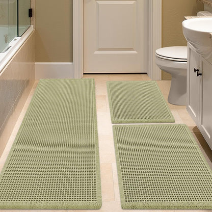 IM HOME Waffle Bath Mat Set 2 Piece Olive Green,Woven Modern Bath Rug Mats, Absorbent Non Slip Bath Floor Mat, Soft Washable Boho Bath Rugs with Tassels for Bathroom, Bedroom, Kitchen,Tub