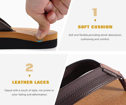 KuaiLu Mens Faux Leather Flip Flops with Comfortable Arch Support