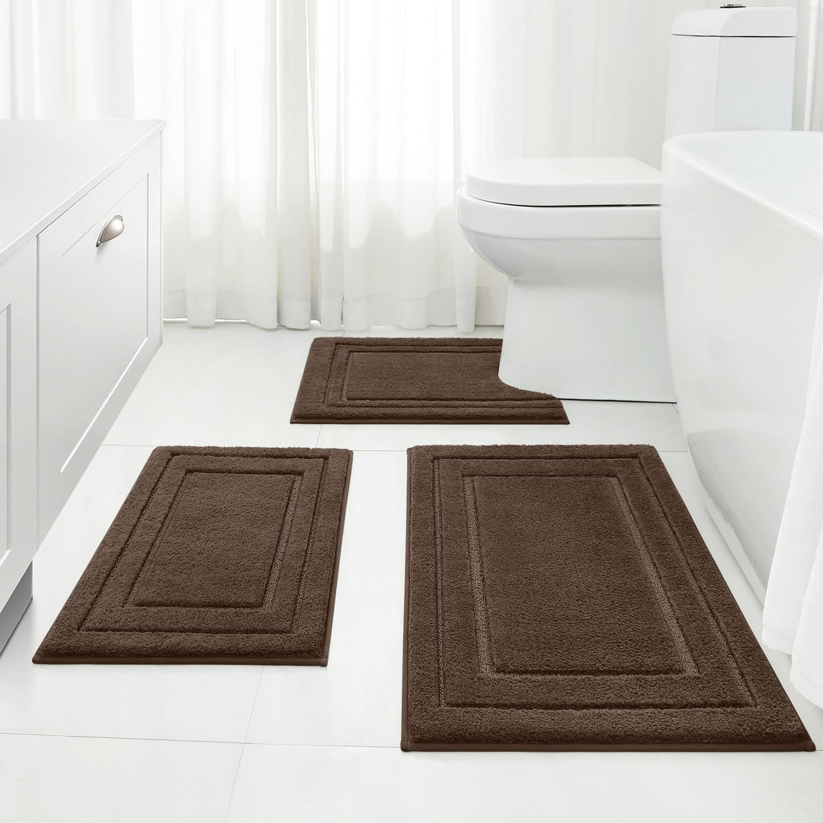 HOMEIDEAS Brown Bathroom Rugs Set of 3, Non Slip Bath Mats