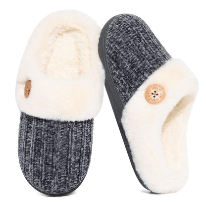 Evshine Women's Chenille Knit Fuzzy Slippers Memory Foam Warm House Shoes