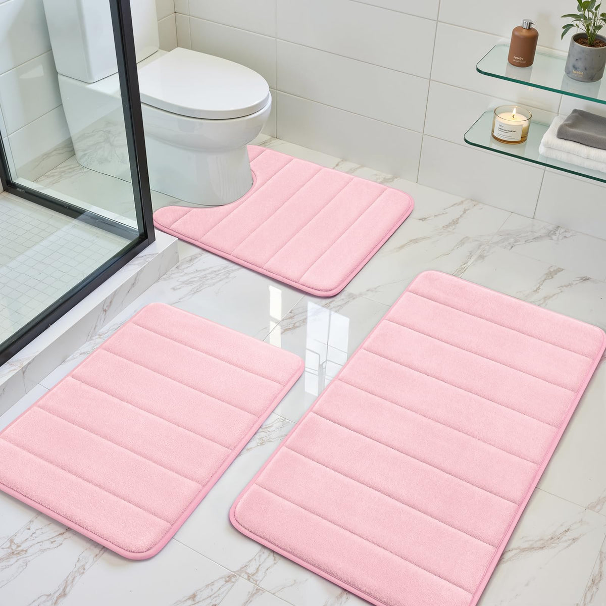 BYSURE Black Memory Foam Bathroom Rug Set 3 Piece 17"x24"+20"x32"+U Shape 20"x24"