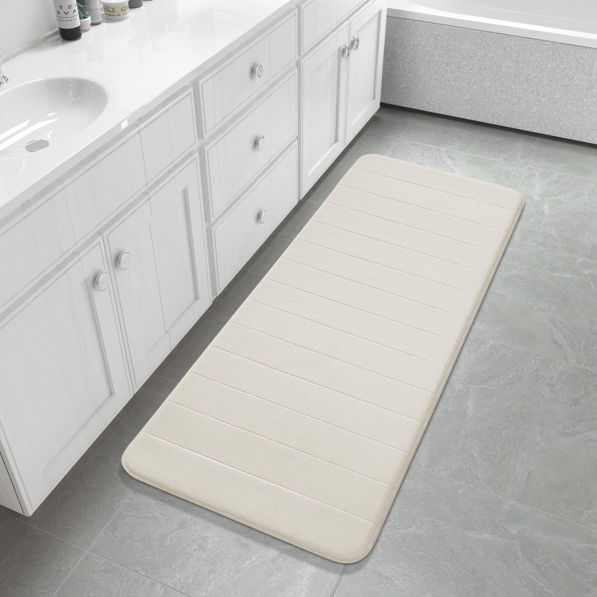 Yimobra Memory Foam Bath Mat, Super Soft Absorbent Bathroom Rug Non Slip, Quick Dry, Machine Washable Floor Carpet for Tub Shower, Home Decor Accessories, 24x17, Cream