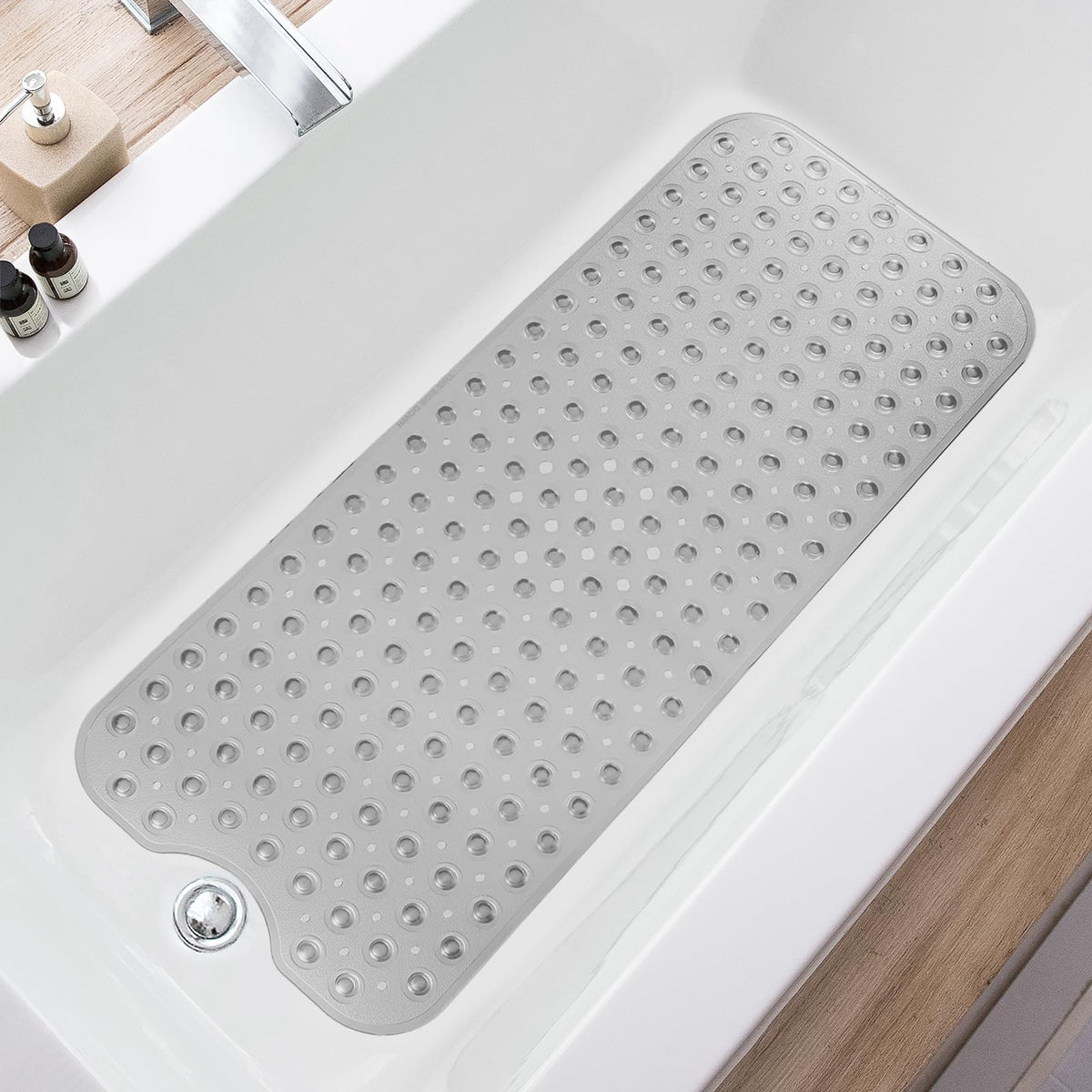 TEESHLY Bathtub Mats for Shower Tub, Extra Long Non-Slip 39 x 16 Inch Bath Mat with Drain Holes and Suction Cups, BathMat for Bathroom with Machine Washable (Clear Grey)