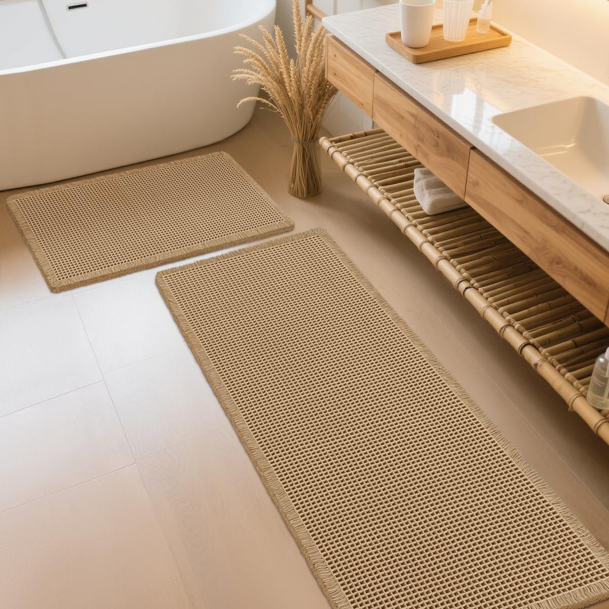 IM HOME Waffle Bath Mat Set 2 Piece Olive Green,Woven Modern Bath Rug Mats, Absorbent Non Slip Bath Floor Mat, Soft Washable Boho Bath Rugs with Tassels for Bathroom, Bedroom, Kitchen,Tub