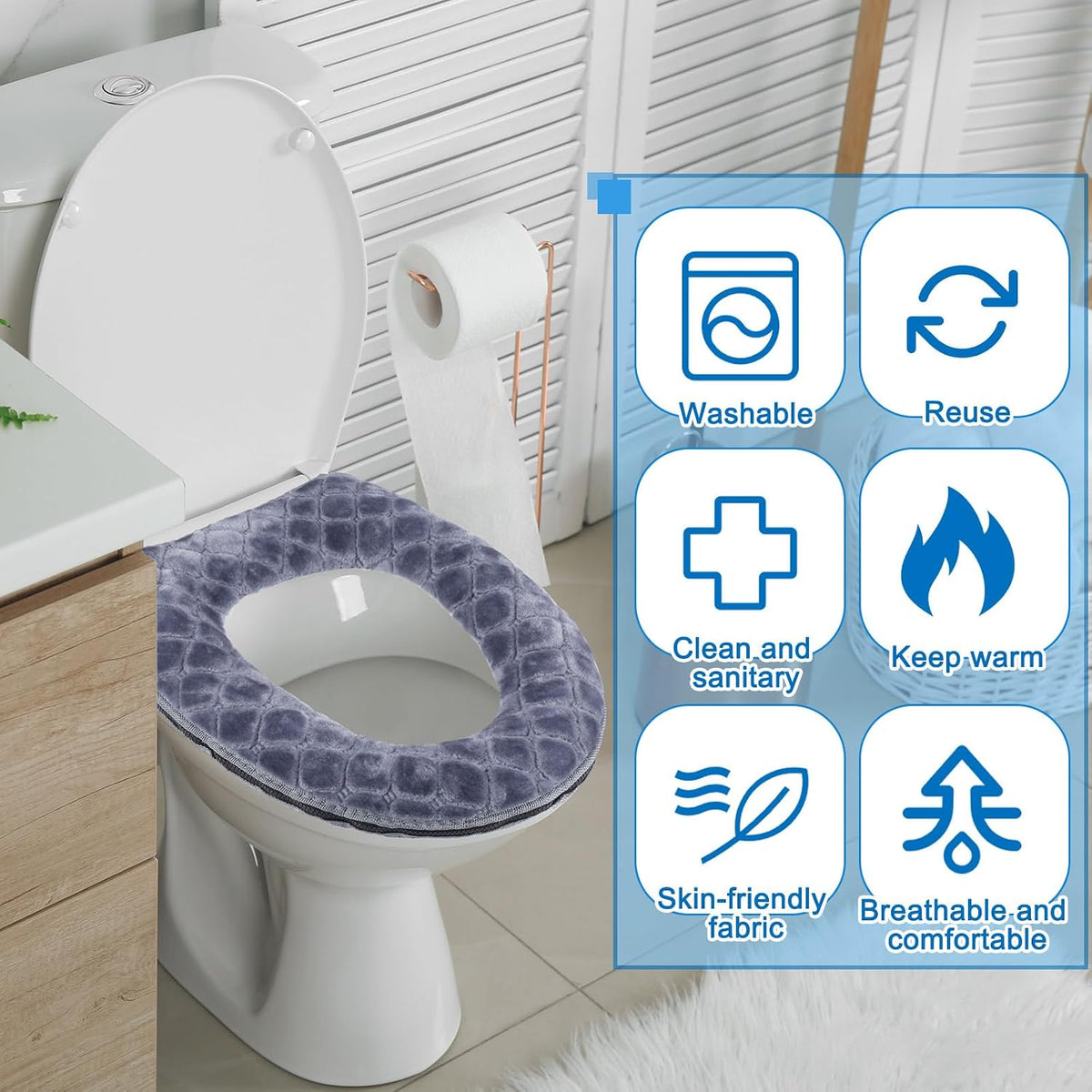 Drydiet 5 Pcs Toilet Seat Cover with Zipper, Washable Warmer Winter Pad