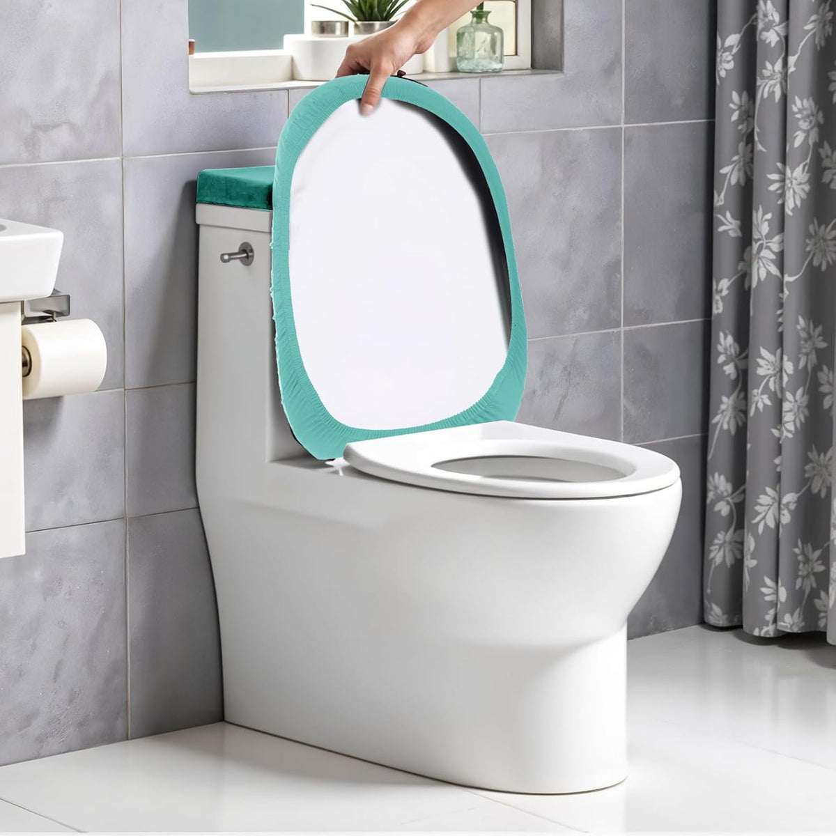 Toilet Tank Cover and Toilet Lid Cover Washable Toilet Cover Set with Elastic Bottom Soft Stretch Fabric Cover for a Lid Toilet Tank Toilet Top Cover Back of Toilet Tank Cover Replacement (Green)