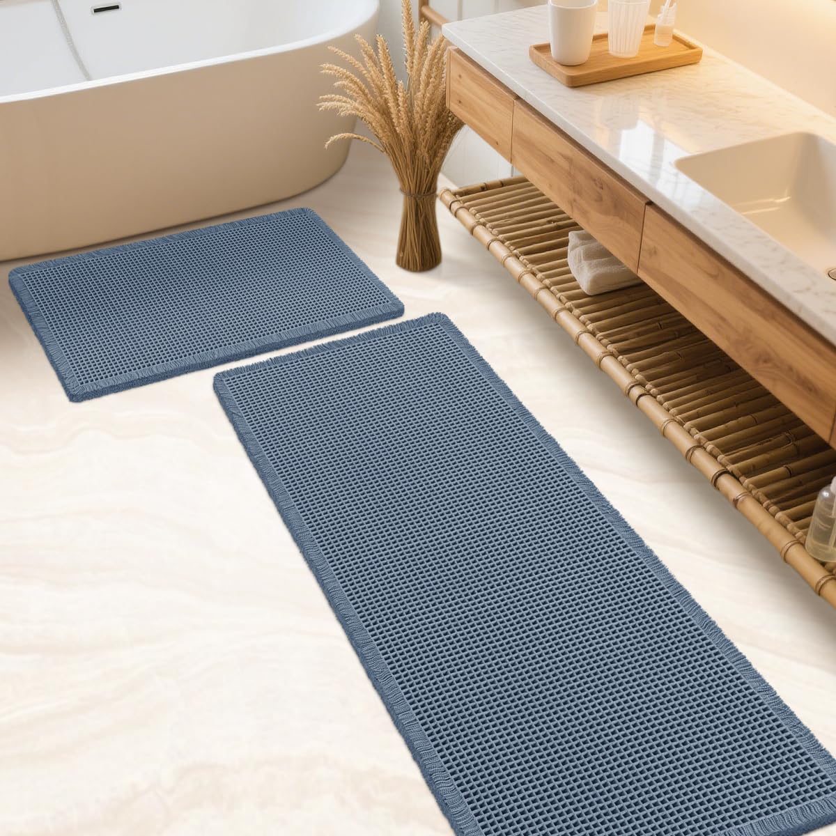 IM HOME Waffle Bath Mat Set 2 Piece Olive Green,Woven Modern Bath Rug Mats, Absorbent Non Slip Bath Floor Mat, Soft Washable Boho Bath Rugs with Tassels for Bathroom, Bedroom, Kitchen,Tub