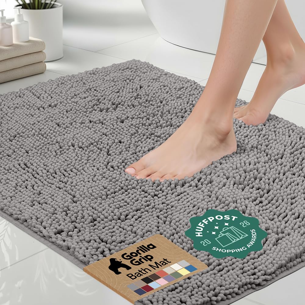GORILLA GRIP Bath Rug Mat for Bathroom, Absorbent Chenille, 24x17 White