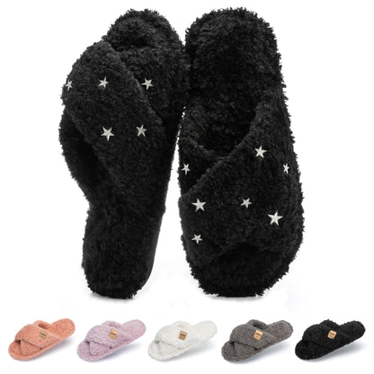 GOEWY Fuzzy Open Toe Slippers for Women Cozy Memory Foam House Shoes Indoor