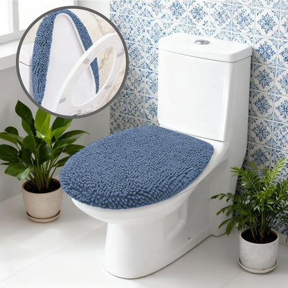RUN HELIX Bathroom Toilet Lid Cover,Chenille Machine Washable Seat Covers, 17.5x15, Stays in Place Rubber Backing, Fits Most Round, Elongated and Oblong Lids, Accessories Decor, Blue