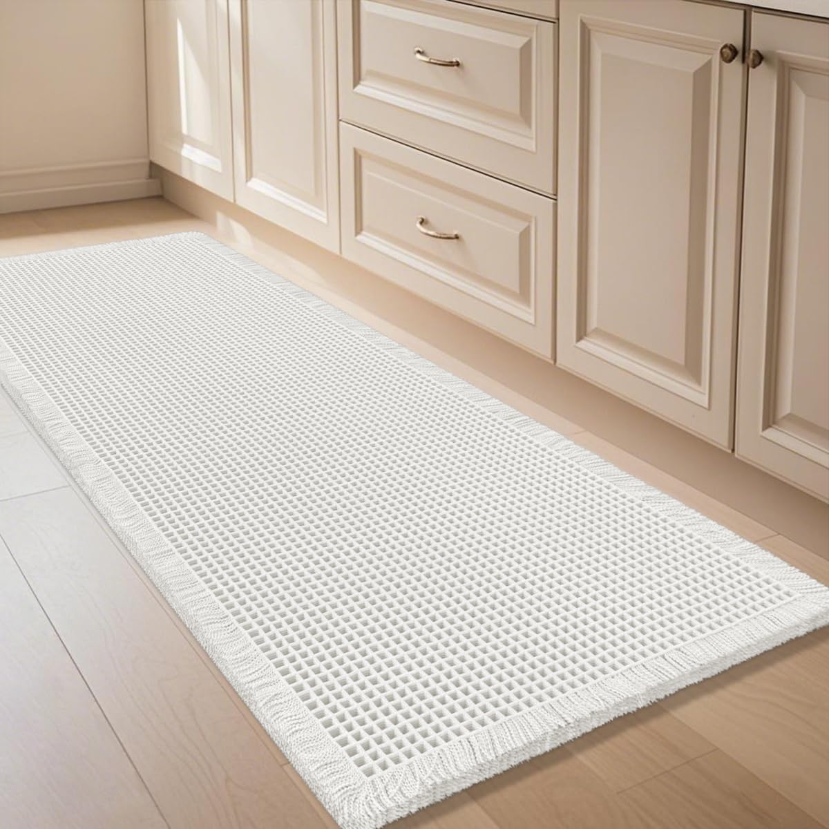 IM HOME Waffle Bath Mat Set 2 Piece Olive Green,Woven Modern Bath Rug Mats, Absorbent Non Slip Bath Floor Mat, Soft Washable Boho Bath Rugs with Tassels for Bathroom, Bedroom, Kitchen,Tub