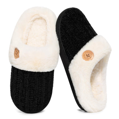 Evshine Women's Chenille Knit Fuzzy Slippers Memory Foam Warm House Shoes
