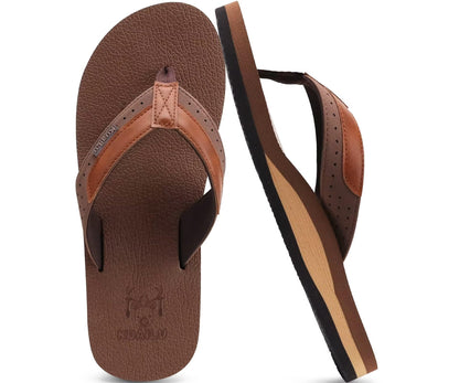KuaiLu Mens Faux Leather Flip Flops with Comfortable Arch Support