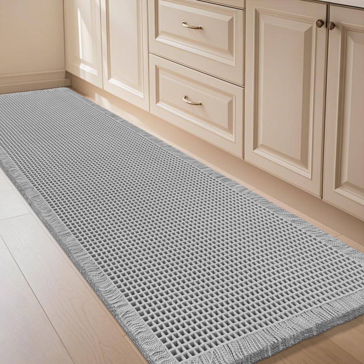 IM HOME Waffle Bath Mat Set 2 Piece Olive Green,Woven Modern Bath Rug Mats, Absorbent Non Slip Bath Floor Mat, Soft Washable Boho Bath Rugs with Tassels for Bathroom, Bedroom, Kitchen,Tub