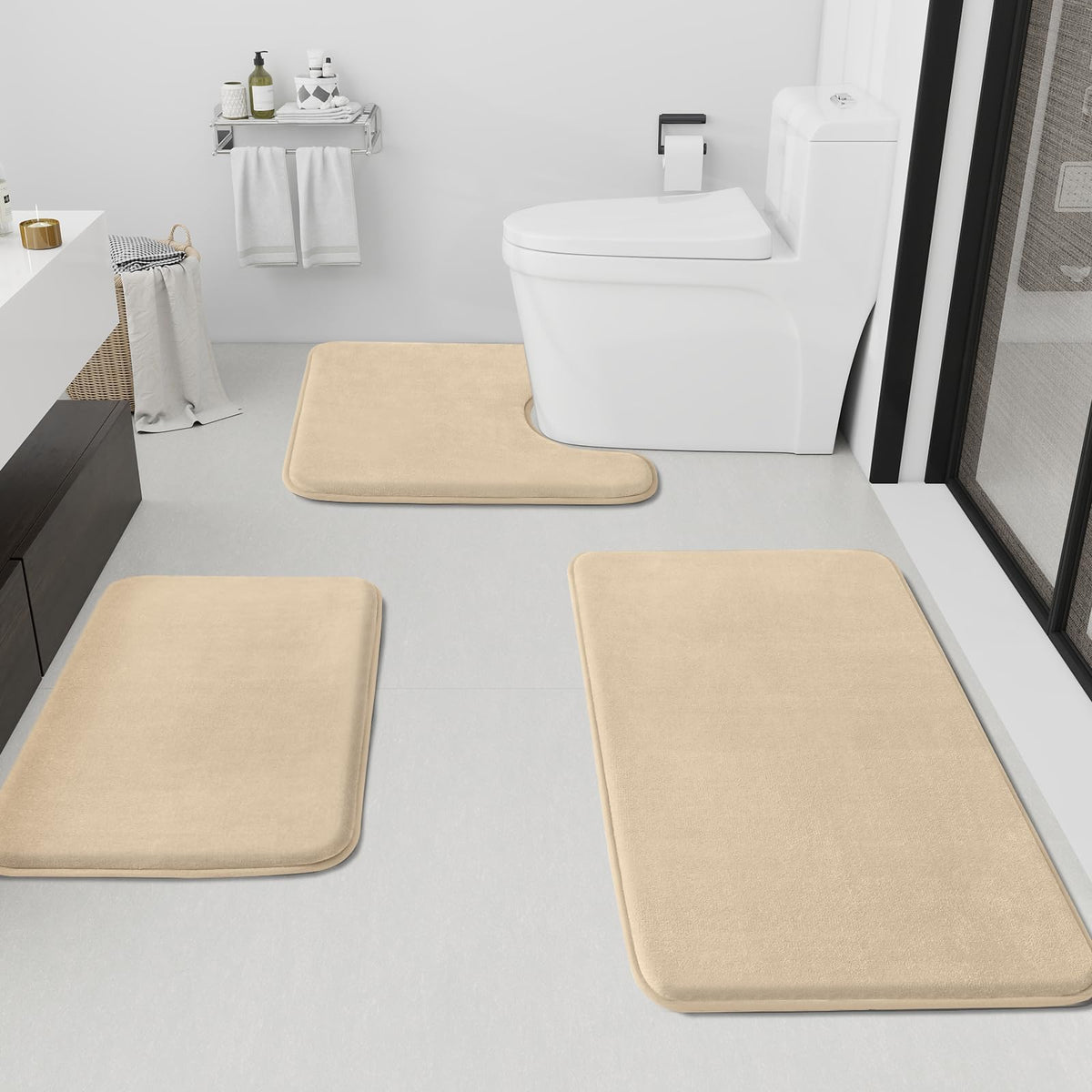 HUXMEYSON Bathroom Rugs Sets 3 Piece, Non-Slip & Quick Dry Bath Mat Set, Ultra Soft Velvet Bath Rugs for Bathroom, Toilet and Shower Floor, Grey