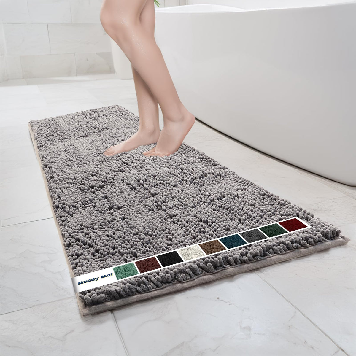 Muddy Mat Chenille Bathroom Rugs Quick Dry Microfiber Mats Non Slip Washable, Extra Thick, Soft and Highly Absorbent Bath Mats for Bathroom, Kitchen, and Shower Floor - Grey Small 28"X18"