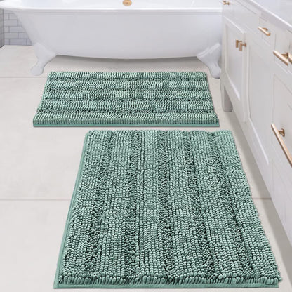 H.VERSAILTEX Bath Rugs for Bathroom Non Slip Bath Mats Extra Thick Chenille Striped Rug 20" x 32" Absorbent Non Skid Fluffy Soft Shaggy Washable Dry Fast Plush Mat for Indoor, Bath Room, Tub - Sage